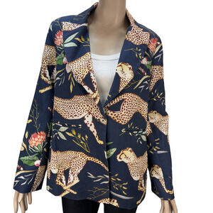 Las Surenas Women's Blazer‎ XL Navy Running Cheetah Print Cotton Linen